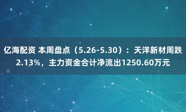 亿海配资 本周盘点（5.26-5.30）：天洋新材周跌2.13%，主力资金合计净流出1250.60万元